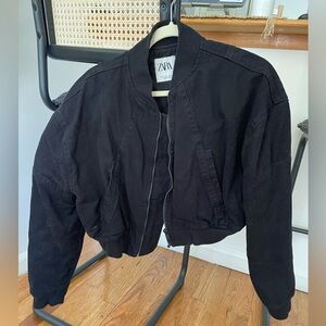 Zara Black Cropped Bomber Jacket